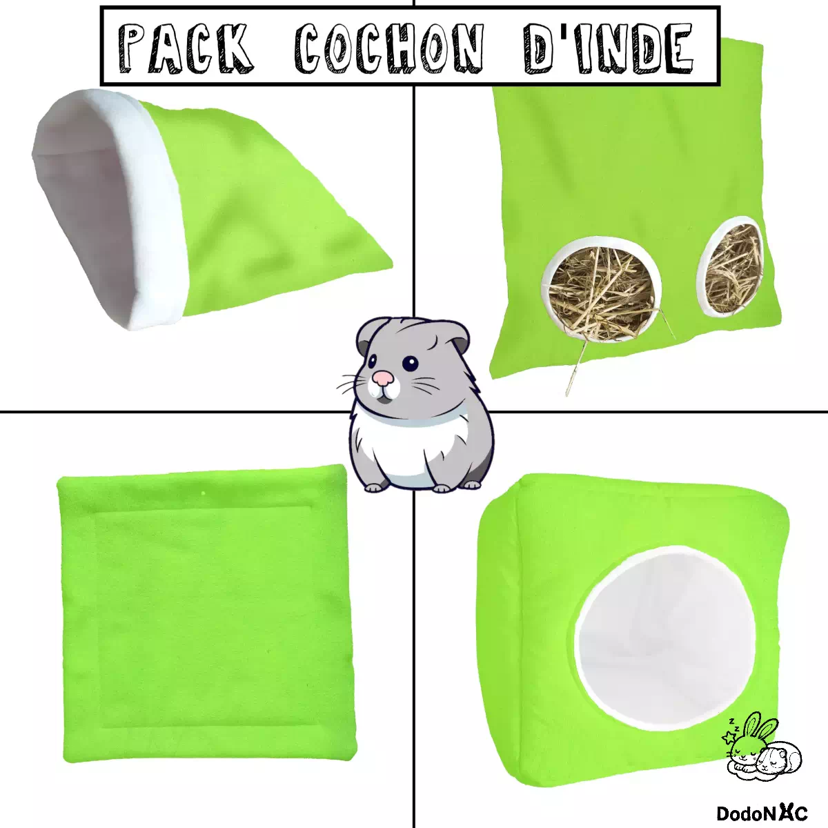pack d'accessoires de cage pour cochon d'inde dodoNAC fait main et personnalisable qui comprend un sac à foin, un sac à cali, un tapis litiére, un dodo cube