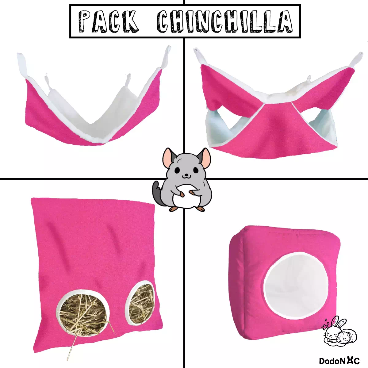 pack d'accessoires pour cage de chinchilla dodoNAC il comprend un sac à foin, un dodo cube, un hamac simple et u hamac double