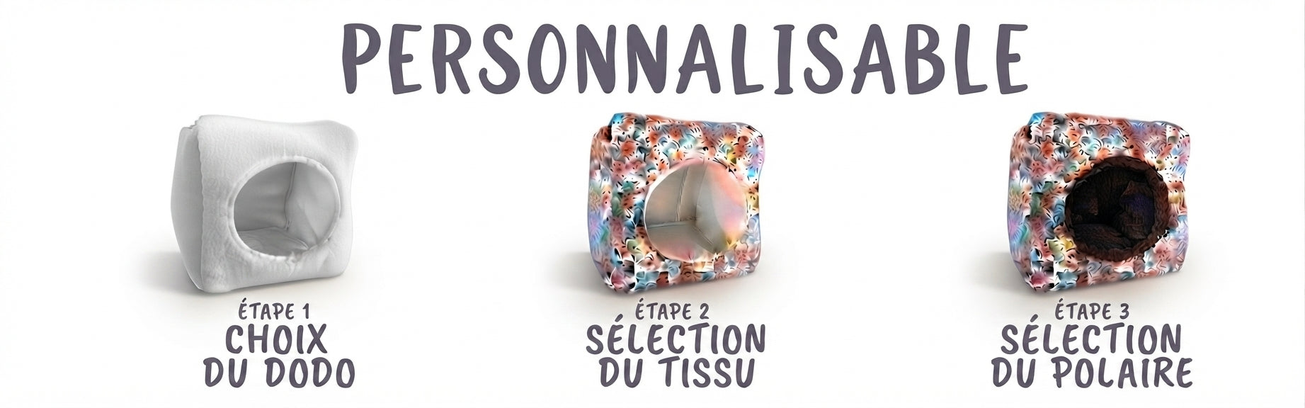 Personnalisez votre dodo pour NAC en 3 étapes : Étape 1 : Choix du modèle (dodo blanc ou à motifs), Étape 2 : Sélection du tissu extérieur (motif floral), Étape 3 : Sélection du polaire intérieur. Interface de commande simple.