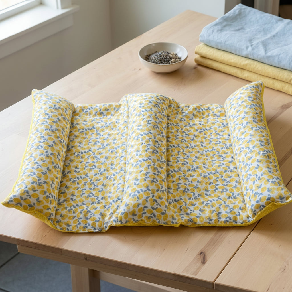 Lit double Snugabun de la marque DodoNac posé sur une table en bois. Le couchage pour deux lapins possède un tissu blanc imprimé de petits citrons jaunes et de feuilles bleues, avec un dessous en polaire jaune.
