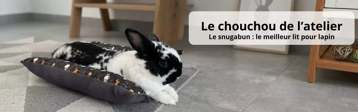 Bannière Dodonac : Un lapin noir et blanc confortablement installé sur son snugabun, le meilleur lit pour lapin fait main dans notre atelier