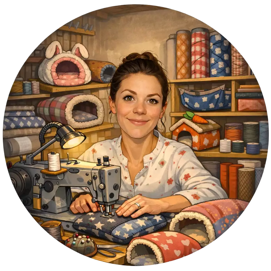 créatrice d'accessoires cousu à la main pour lapins et rongeurs qui confectionne un couchage pour animaux