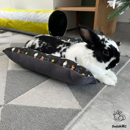Un lapin bicolore (noir et blanc) est allongé confortablement sur un petit coussin rectangulaire noir avec un motif d'espace (planètes, étoiles). Il est posé sur un tapis gris à motifs géométriques. Un tunnel de jeu jaune et blanc est visible en arrière-plan.