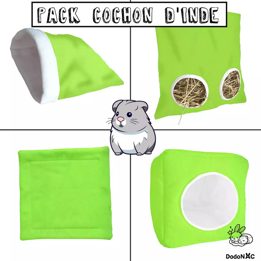 pack d'accessoires de cage pour cochon d'inde dodoNAC fait main et personnalisable qui comprend un sac à foin, un sac à cali, un tapis litiére, un dodo cube