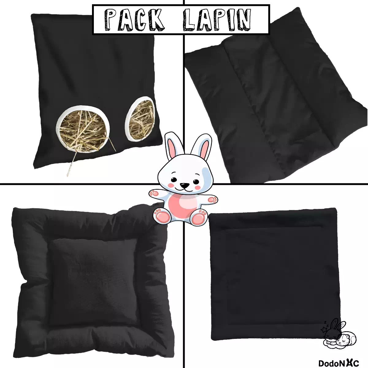 pack d'accessoires de cage pour lapin dodoNAC fait main et personnalisable, il comprend un snugabun, un tapis litiére, un coussin moelleux et un sac à foin