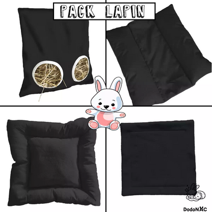 pack d'accessoires de cage pour lapin dodoNAC fait main et personnalisable, il comprend un snugabun, un tapis litiére, un coussin moelleux et un sac à foin