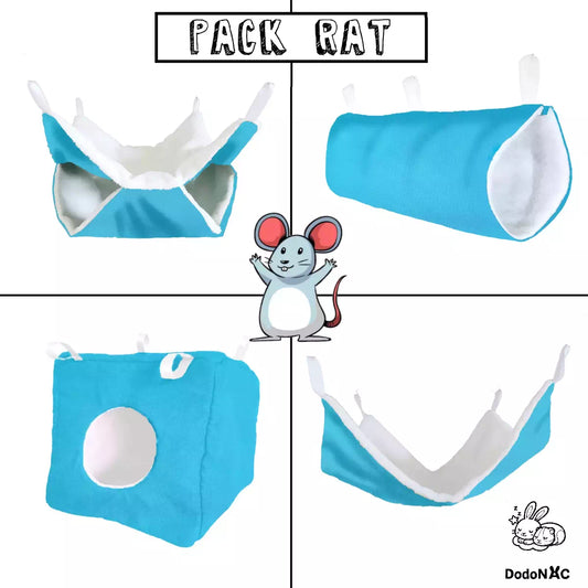 pack d'accessoires de cage pour rat dodoNAC fait main et personnalisable qui comprend un hamac double, un hamac tunnel, un hamac cube, un hamac simple