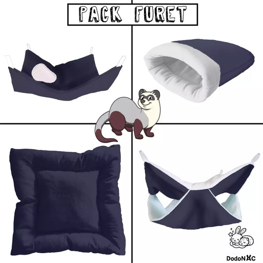 pack d'accessoires de cage pour furet dodoNAC fait main et personnalisable, il comprend un coussin moelleux, un sac de couchage, un hamac cachette et un hamac double
