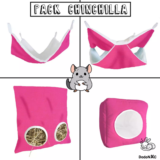 pack d'accessoires pour cage de chinchilla dodoNAC il comprend un sac à foin, un dodo cube, un hamac simple et u hamac double