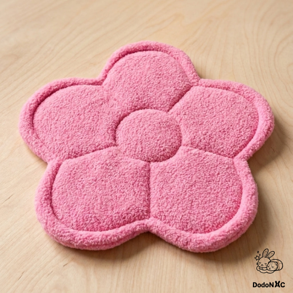 Tapis absorbant en forme de fleur rose vif pour cochon d'Inde, posé à plat sur un fond en bois clair.